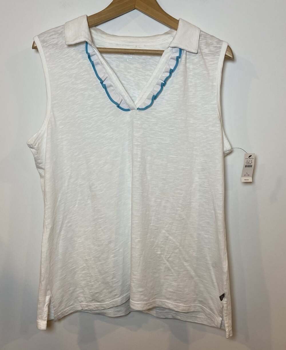 NWT T by Talbots Sleeveless Shirt Top White Blue Ruffle Trim Size Large L New